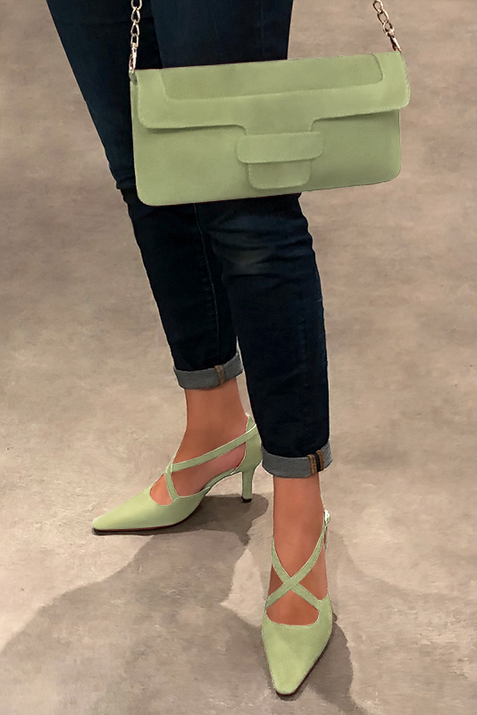 Meadow green women's open side shoes, with crossed straps. Tapered toe. High slim heel. Worn view - Florence KOOIJMAN